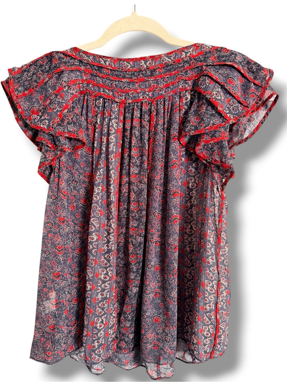 Ulla Johnson Red and Navy Floral Ruffle Cap-Sleeve Top - Picture 6 of 7